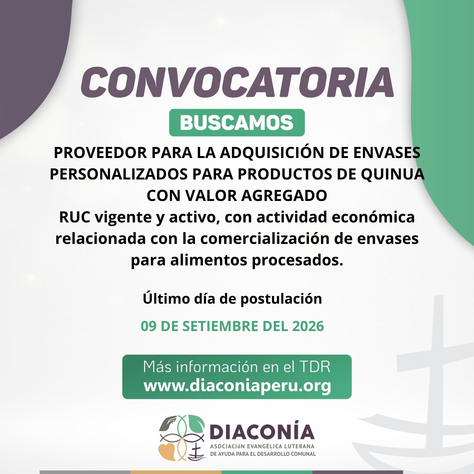 PROVEEDOR PARA LA ADQUISICIÓN DE ENVASES PERSONALIZADOS PARA PRODUCTOS DE QUINUA CON VALOR AGREGADO
